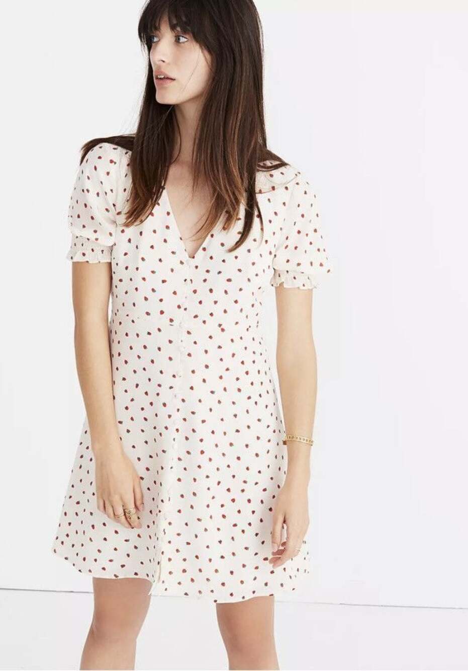 Madewell Silk Clover Button-Front Dress in Fresh Strawberries Print